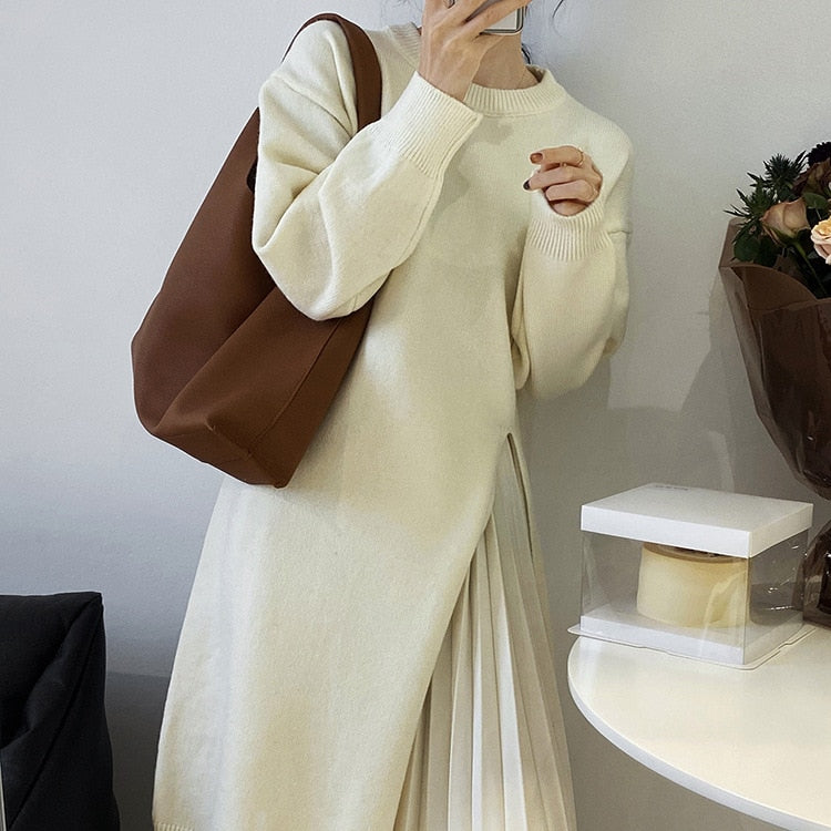 [Korean Style] Loose Fit Round Neck Side Slit Long Sweater