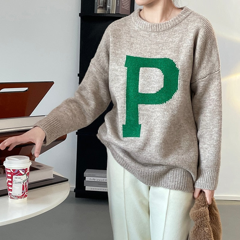 [Korean Style] 4 Colors Loose Fit Letter P Sweater