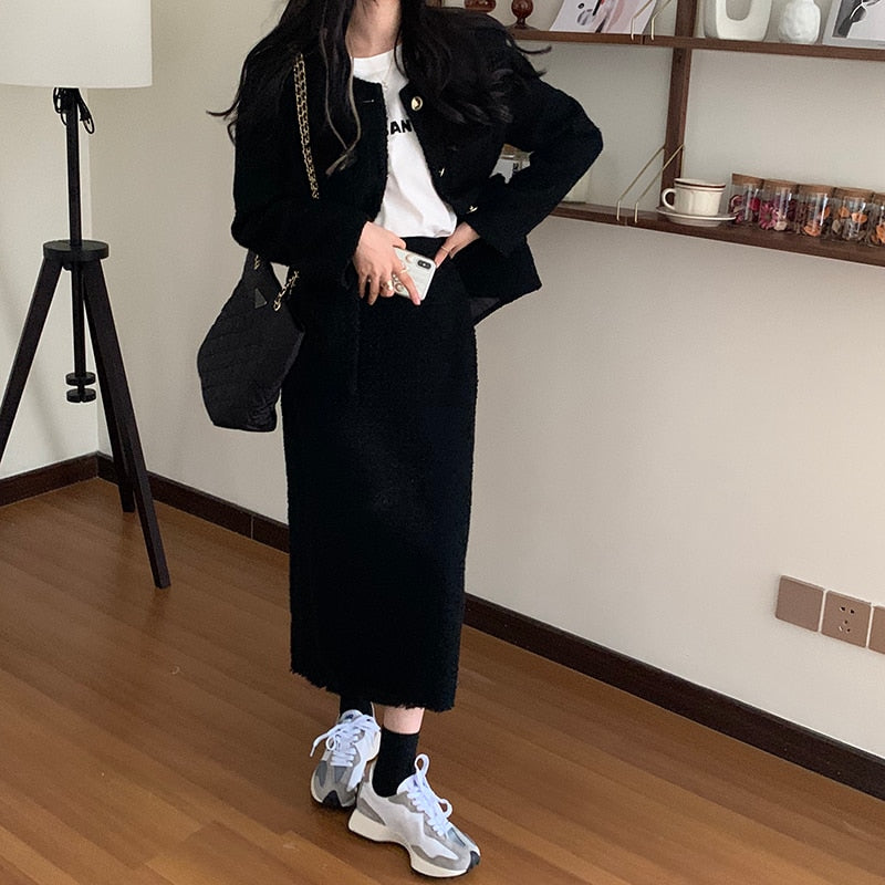 [Korean Style] Black White Tweed Jacket Skirt Co-ord Matching 2 pc Set