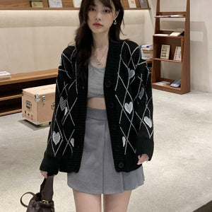 [Korean Style] Heart Pattern Long Sleeve V-neck Cardigan