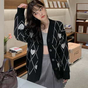 [Korean Style] Heart Pattern Long Sleeve V-neck Cardigan