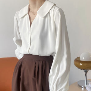 [Korean Style] Solid Color Puff Sleeve Button Down Blouse