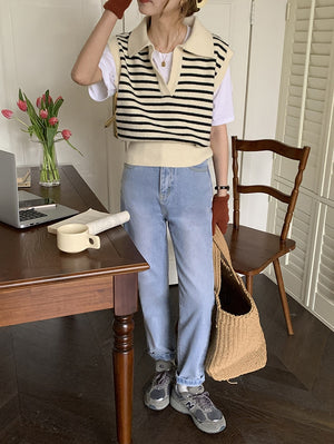 [Korean Style] Turn-Down Collar Striped Cropped Knit Vest