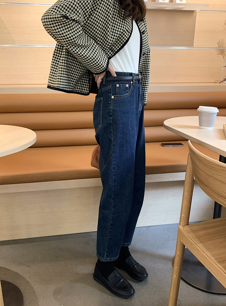 [Korean Style] Versatile High Waist Dark Wash Loose Fit Straight Jeans