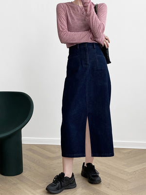 [Korean Style] Dark Washed Front Slit Denim Skirt