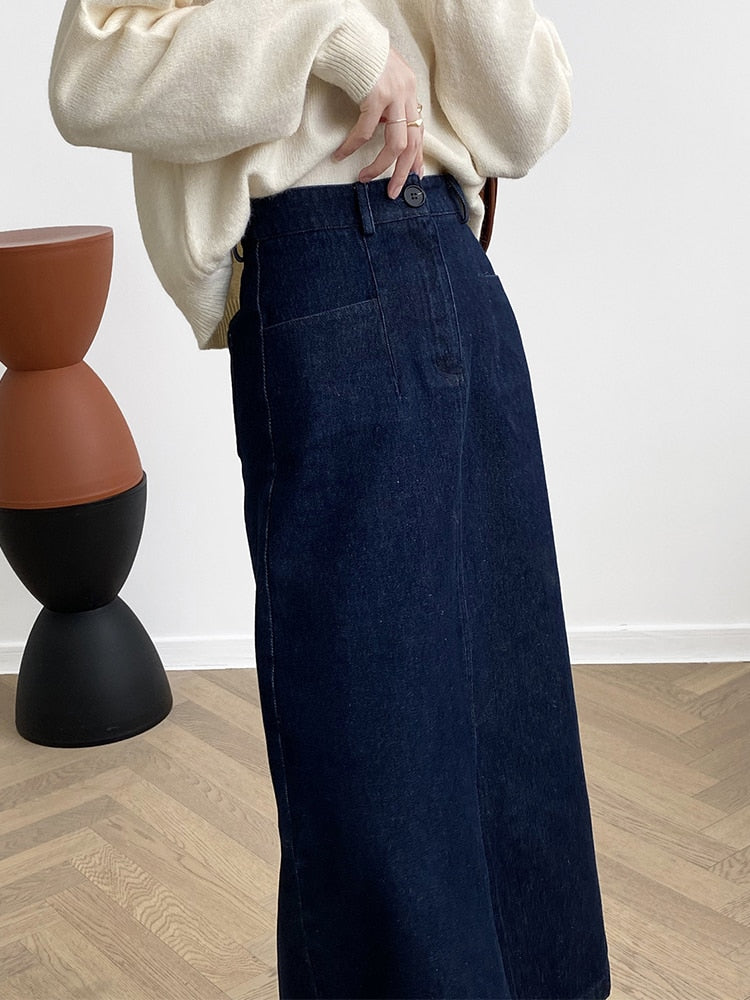 [Korean Style] Dark Washed Front Slit Denim Skirt