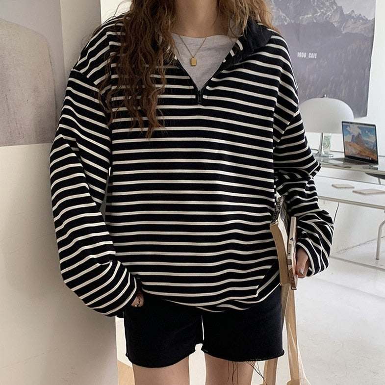 [Korean Style] Turn-Down Collar Striped Long Sleeve T-Shirt