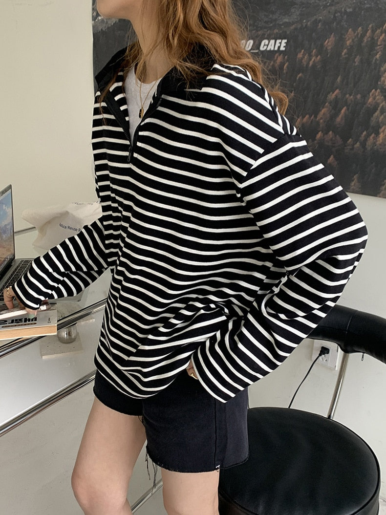 [Korean Style] Turn-Down Collar Striped Long Sleeve T-Shirt
