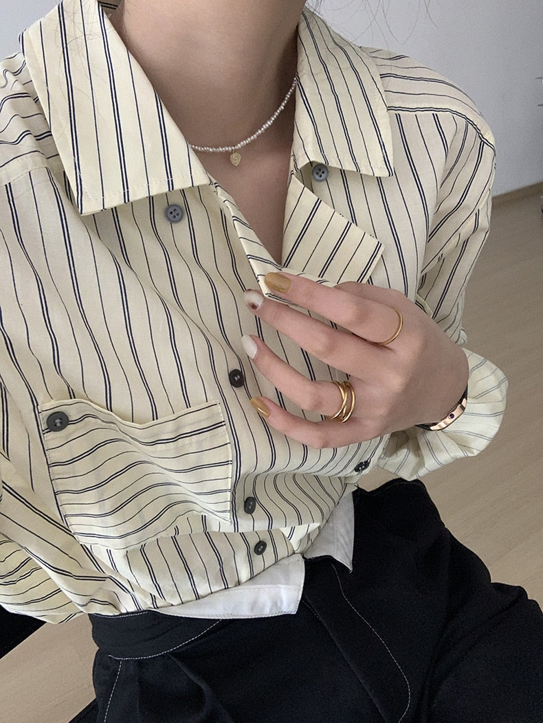 [Korean Style] Turn-Down Collar Vertical Stripe Blouse