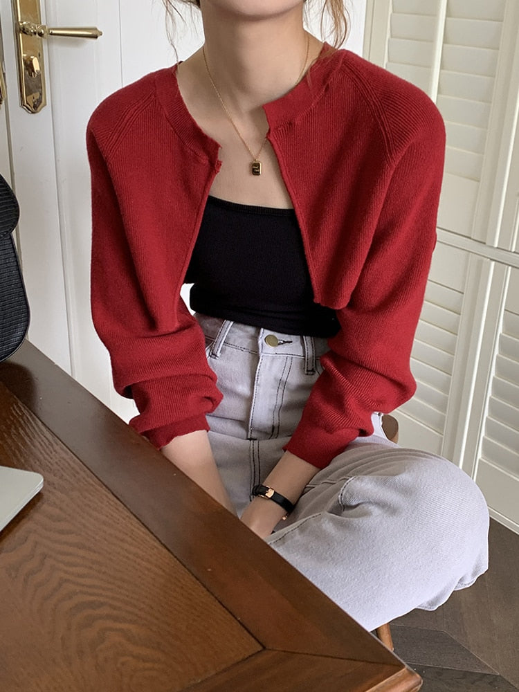 [Korean Style] 3 Color Round Neck Cropped Knit Cardigan
