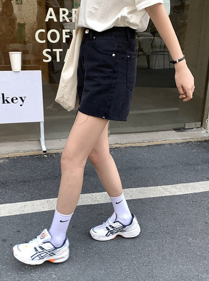 Korean Style] High Waist Black Fringed Denim Shorts – Ordicle