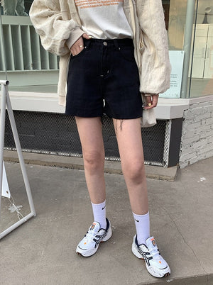 [Korean Style] High Waist Black Fringed Denim Shorts