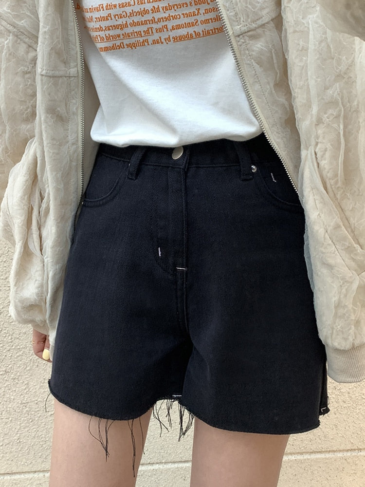 [Korean Style] High Waist Black Fringed Denim Shorts