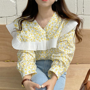 [Korean Style] Ruffled Collared Long Sleeve Floral Blouses