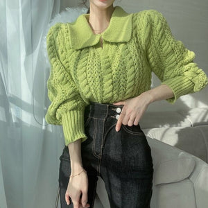 [Korean Style] Solid Color Collared Sweater Knit Top