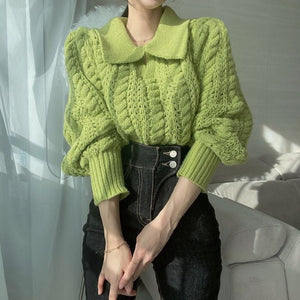 [Korean Style] Solid Color Collared Sweater Knit Top