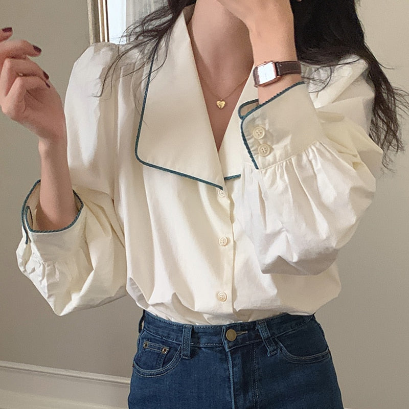 [Korean Style] Vintage Style Turn-down Collar Puff Sleeve Blouse