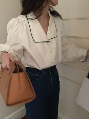 [Korean Style] Vintage Style Turn-down Collar Puff Sleeve Blouse