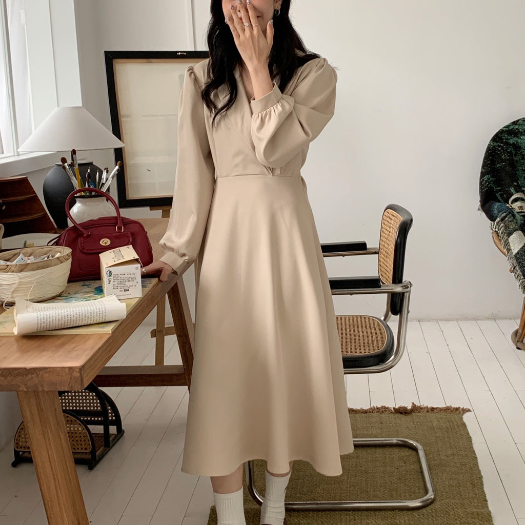 [Korean Style] Vintage Style Lapel Long Sleeve A-line Midi Dresses