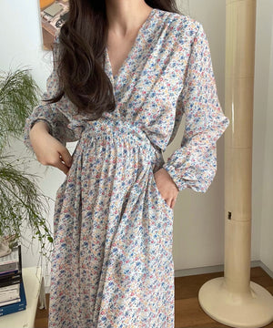 [Korean Style] V neck Drawstring Floral Print Maxi Dresses