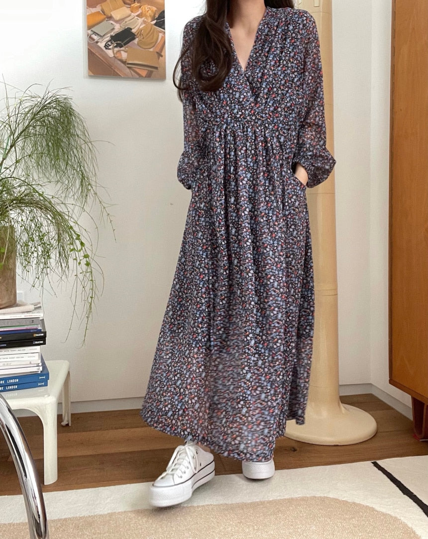 [Korean Style] V neck Drawstring Floral Print Maxi Dresses
