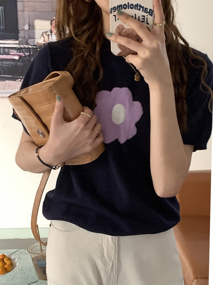 [Korean Style] 3 Colors Flower Short Sleeve Knit Top