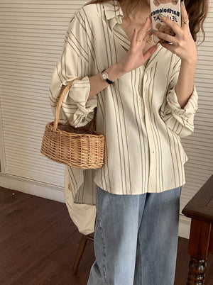 [Korean Style] Dropped Shoulder Loose Fit Striped Shirt