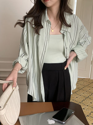 [Korean Style] Dropped Shoulder Loose Fit Striped Shirt