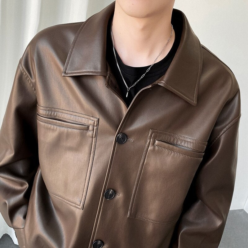 [Korean Style] 2 Colors Single Breasted Leather Jackets