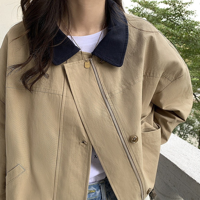 [Korean Style] Loose Fit Contrast Color Cropped Zipper Jacket w/ Turndown Collars