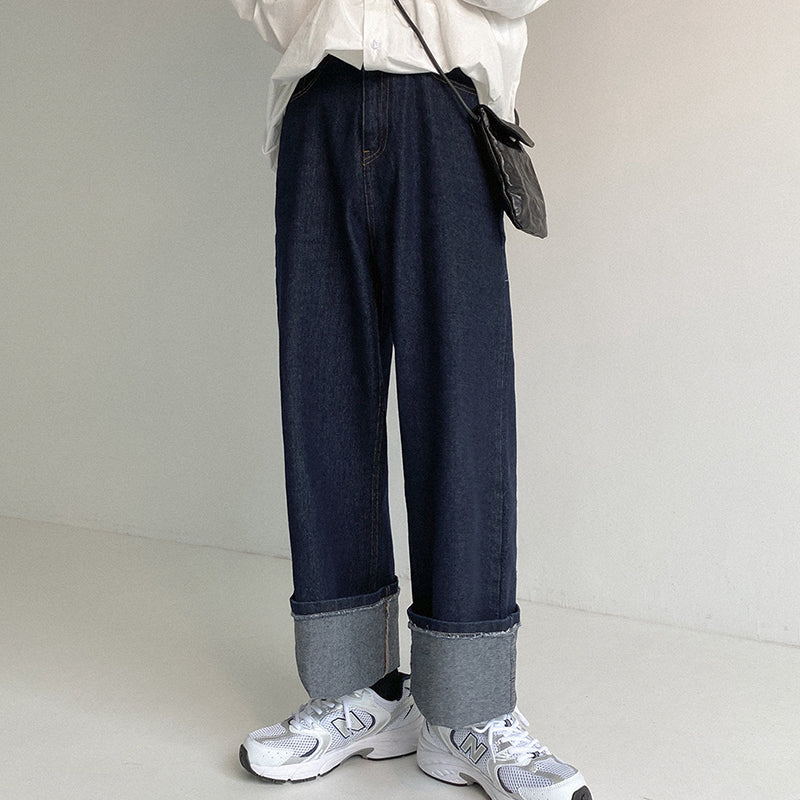 [Korean Style] Tencel Wide Denim Cuffing Jeans