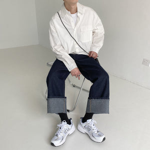 [Korean Style] Tencel Wide Denim Cuffing Jeans