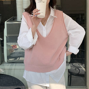 [Korean Style] Soft Felt Loose Fit V neck Cropped Knit Vest