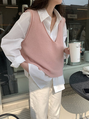 [Korean Style] Soft Felt Loose Fit V neck Cropped Knit Vest