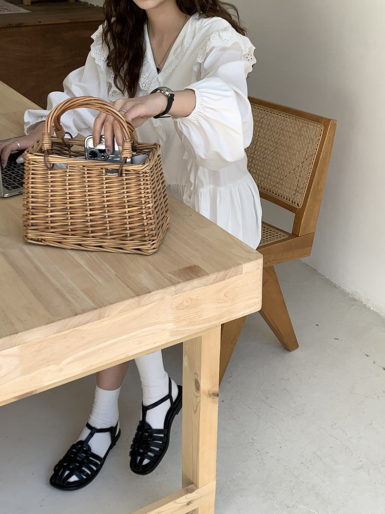 [Korean Style] Black White Ruffle Laced V-neck One Piece Mini Dress