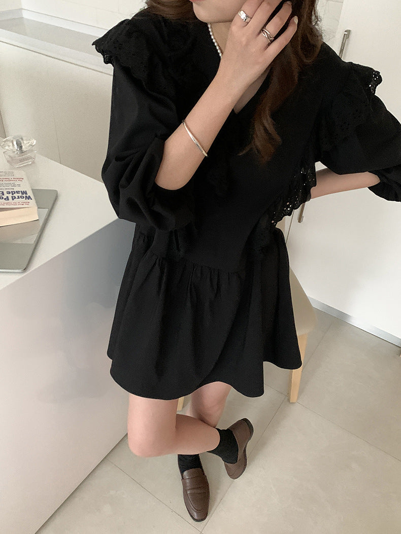 [Korean Style] Black White Ruffle Laced V-neck One Piece Mini Dress