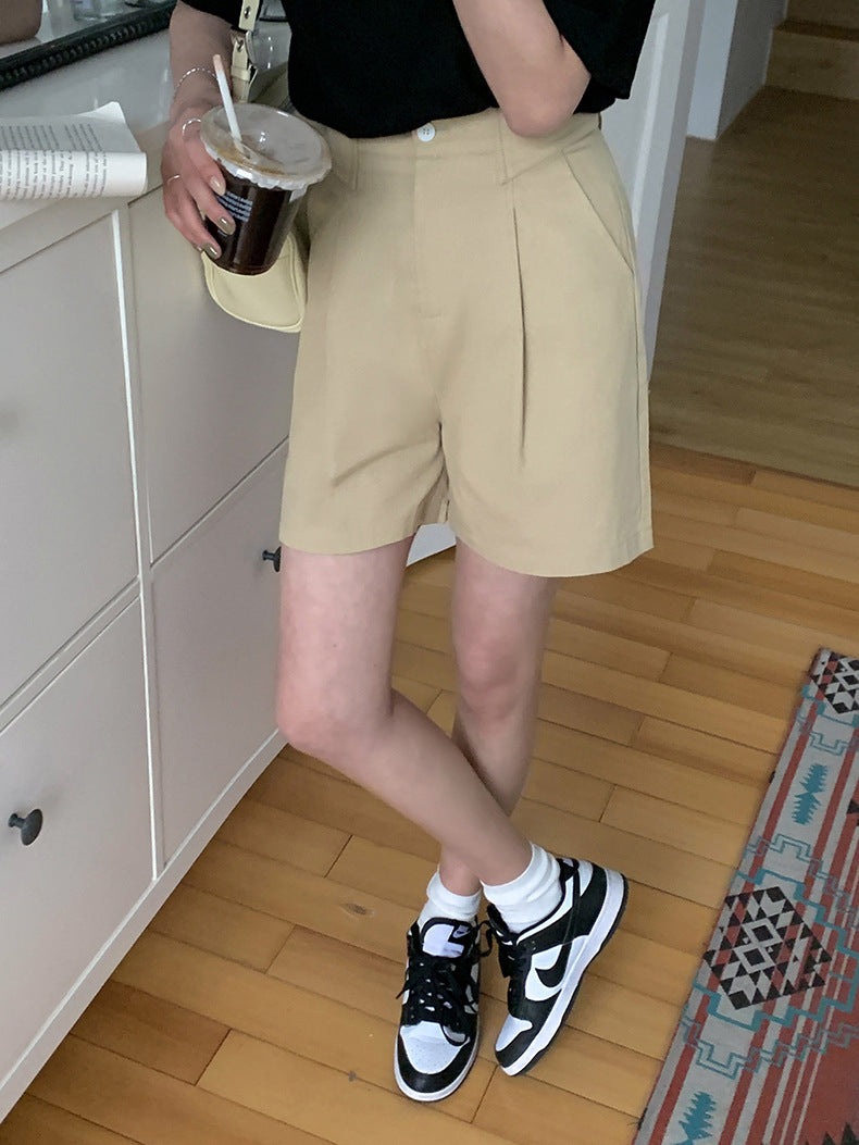 [Korean Style] Khaki White High Waist Pleated Shorts