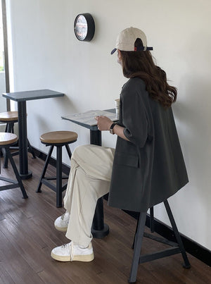 [Korean Style] Grey Black Loose Fit Short Sleeve Padded Blazer