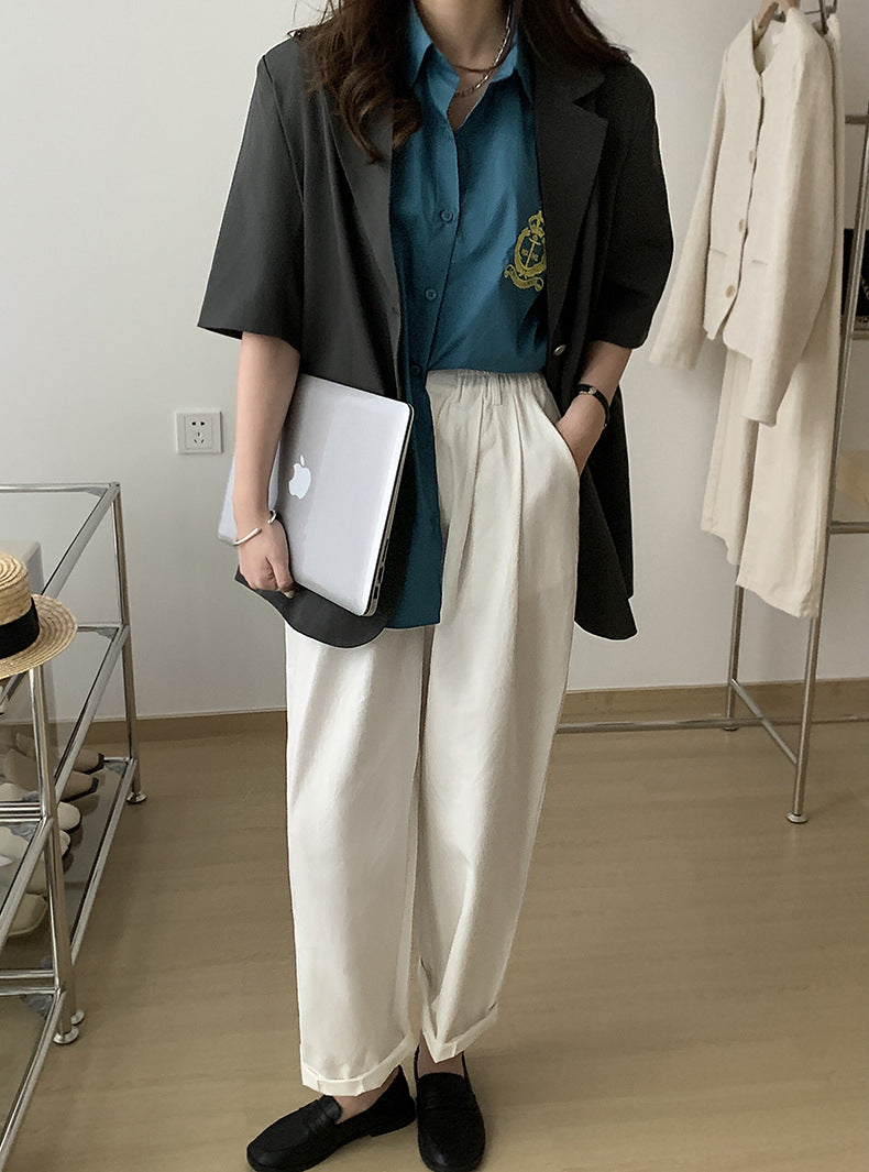 [Korean Style] Grey Black Loose Fit Short Sleeve Padded Blazer