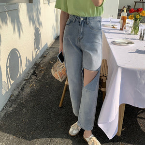 [Korean Style] Light Washed High Waist Ripped Straight Jeans