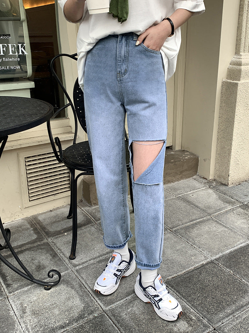 [Korean Style] Light Washed High Waist Ripped Straight Jeans