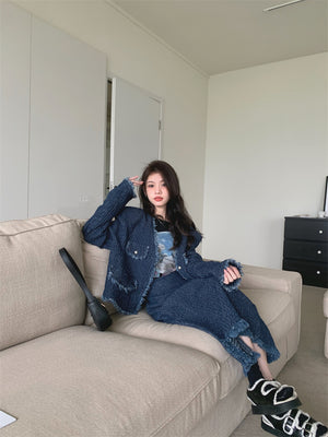 [Korean Style] Vintage Style Collarless Tweed Jacket Skirt 2pc Set