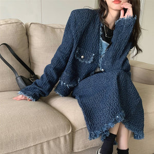 [Korean Style] Vintage Style Collarless Tweed Jacket Skirt 2pc Set