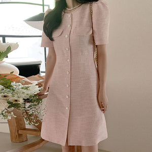 [Korean Style] Round Neck Tweed A-line One Piece Mini Dress