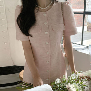 [Korean Style] Round Neck Tweed A-line One Piece Mini Dress