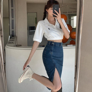 Korean Style] Asymmetrical High Waist Denim Midi Pencil Skirt w/ Slit –  Ordicle