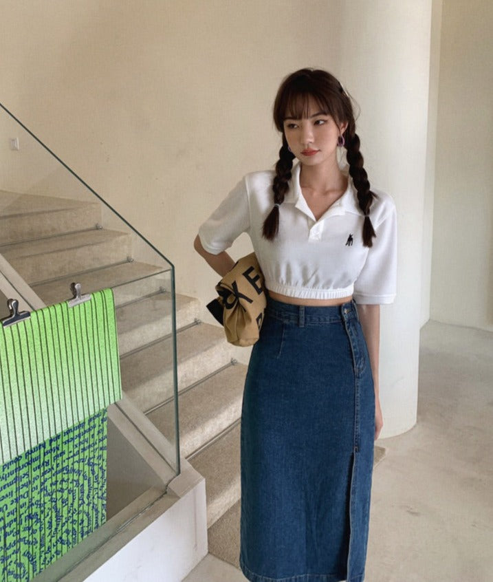 [Korean Style] Asymmetrical High Waist Denim Midi Pencil Skirt w/ Slit