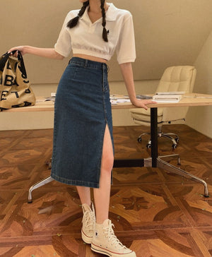 [Korean Style] Asymmetrical High Waist Denim Midi Pencil Skirt w/ Slit