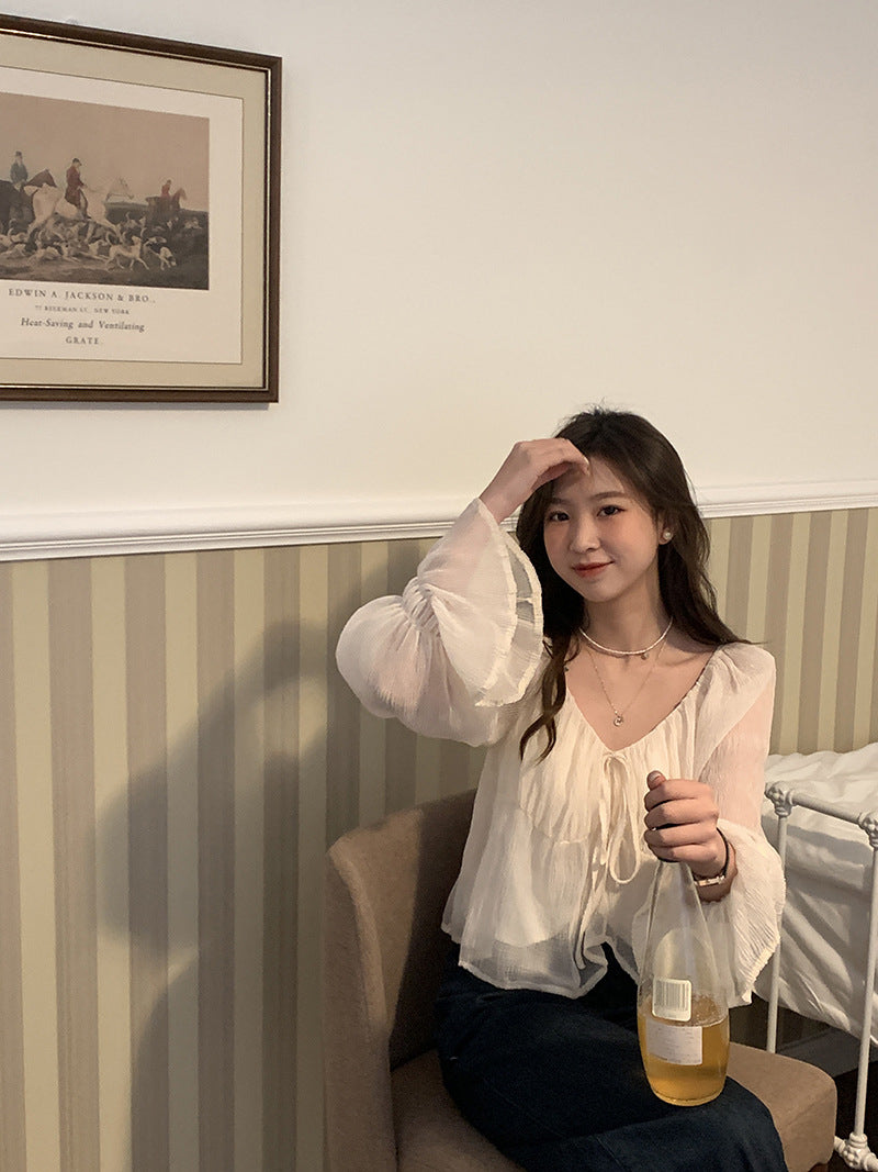 [Korean Style] Off-white Bell Sleeve Ruffle Blouse