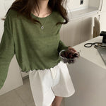 [Korean Style] Lettuce Edge Long Sleeve Round Neck Top